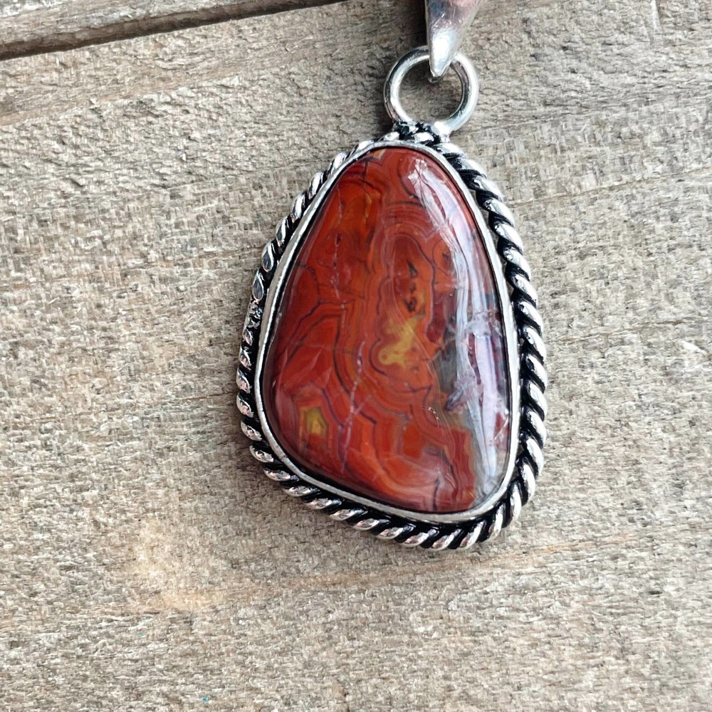 Red Lace Agate Pendant Necklace in 925 Silver on 18" Silver Snake Chain #044